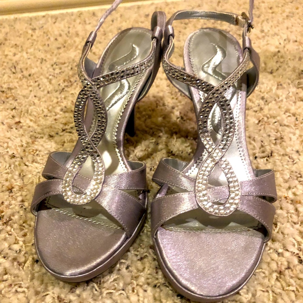 Strappy silver rhinestone dressy heels